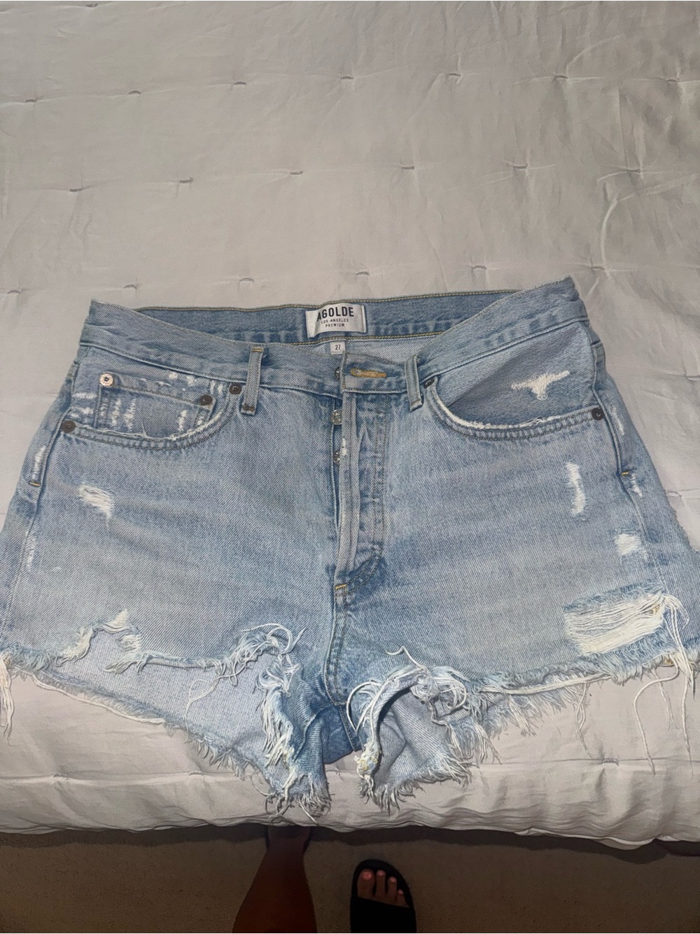 AGOLDE Parker  Light Blue Distressed Denim Shorts